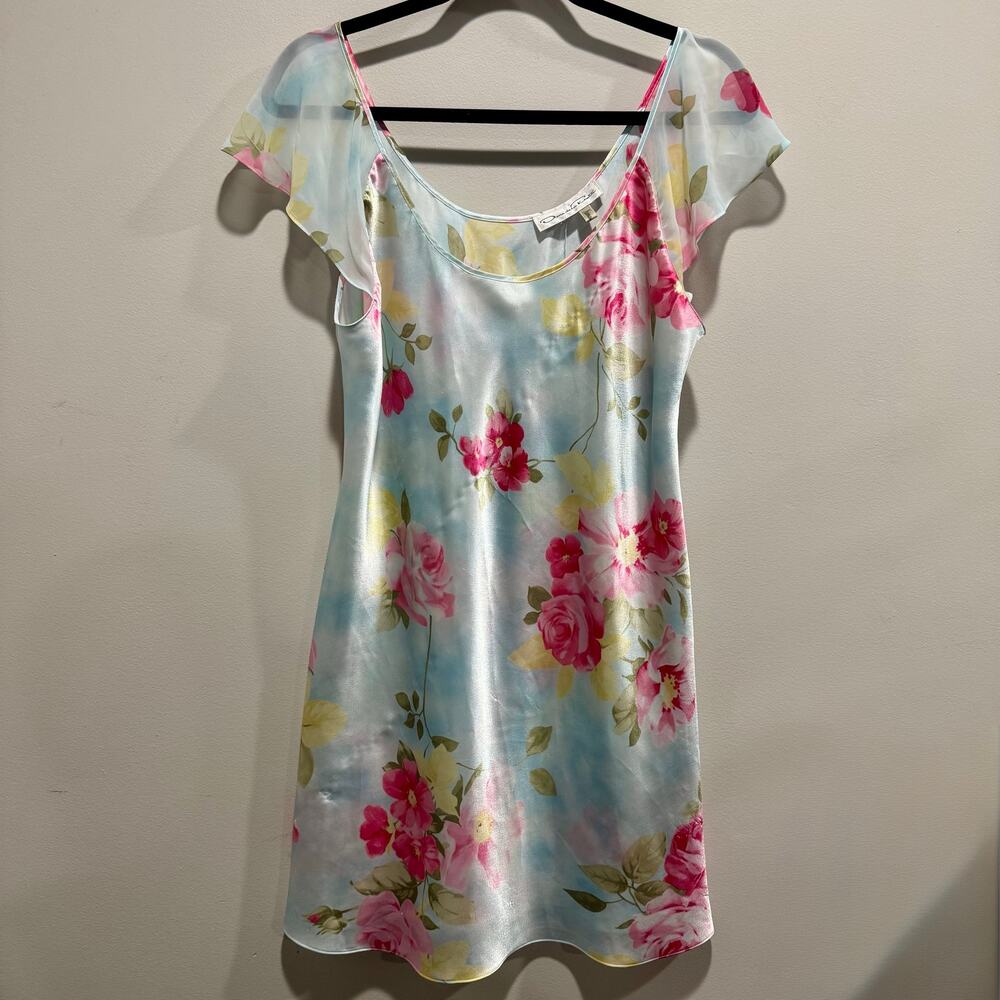 Vintage Oscar de la Renta Floral Satin Chemise Slip Dress Flutter Sleeve L